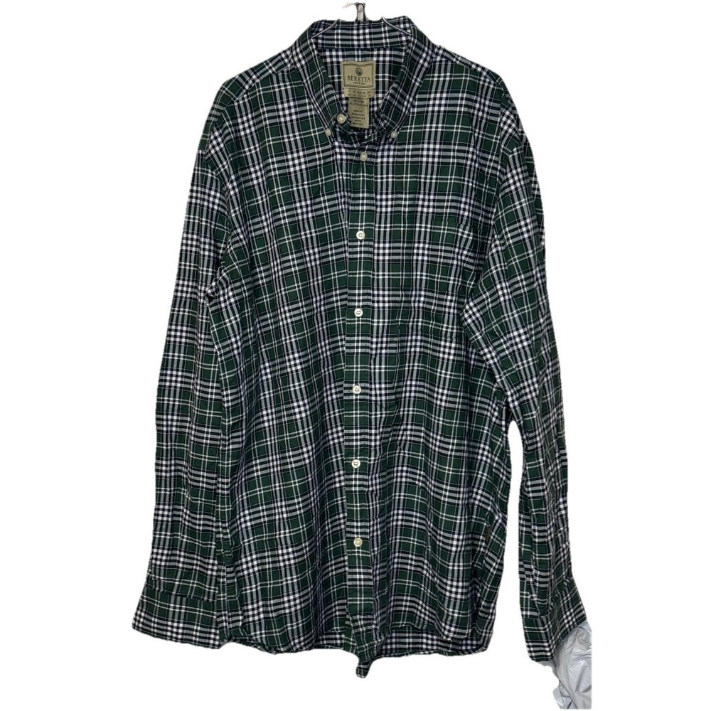 Beretta Men's Shirt Long Sleeve Plaid Button Down 100% Cotton Green White XL